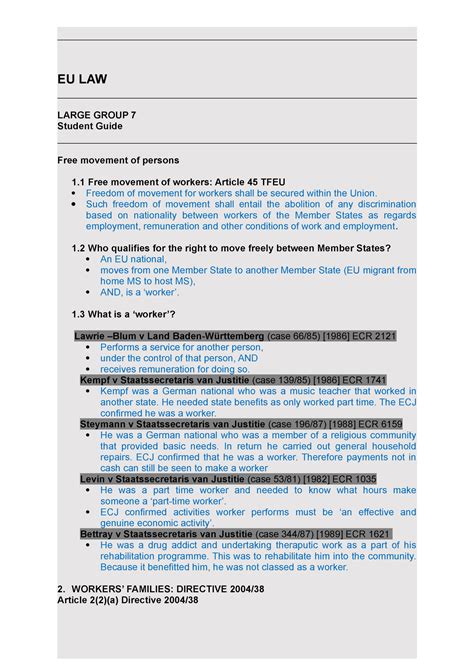 Free Movement Of Persons Eu Law Large Group 7 Student Guide Free