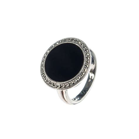 Anello Di Onice Nera Marcasiti E Argento 925 Anelli Onice Nera