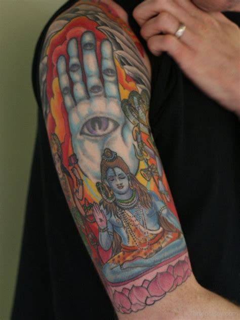 Colorful Lord Shiva Tattoo On Half Sleeve - Tattoos Designs