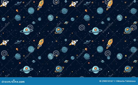 Seamless Pattern With Cartoon Space Rockets Planets Stars Stock Image