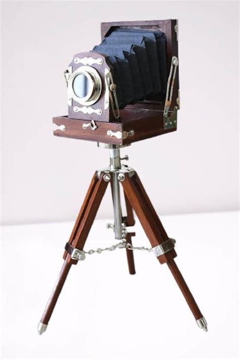 Antique Vintage Look Wooden Film Camera With Wooden Tripod Home