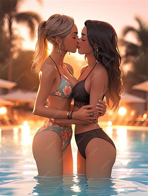 Premium Photo Two Beauty Hot Anime Lesbian Girls Kissing In Pool Mini Bikini Summer Body Lance