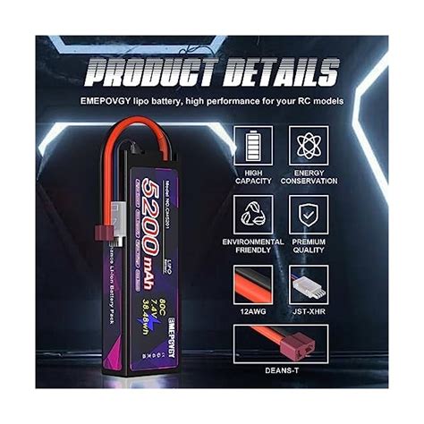 EMEPOVGY Lot De 2 Batteries Lipos 7 4 V 2S 80C 5200 MAh Avec Connec