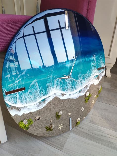 Blue Ocean Waves Wall Clock With Sand And Moss Resin Beach Etsy