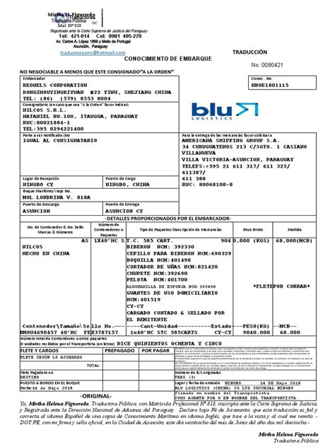 Traducción De Conocimiento De Embarque Marítimo Internacional De