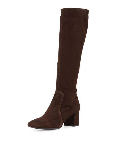 Prada Low Heel Stretch Suede Knee Boot Dark Brown