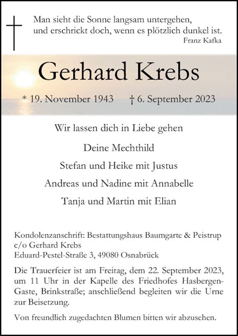 Traueranzeigen Von Gerhard Krebs Noz Trauerportal