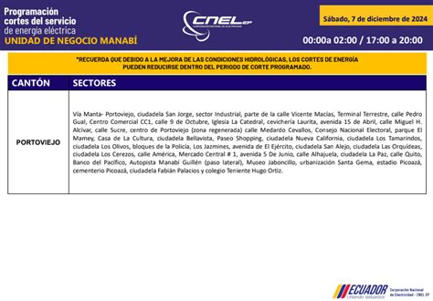 Horarios De Cortes De Luz Para Este 7 Y 8 De Diciembre En Manabí Oromartv