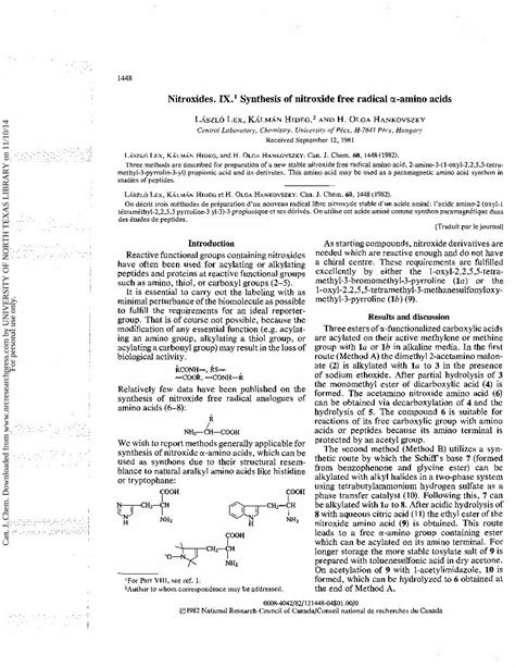 Pdf Nitroxides Ix Synthesis Of Nitroxide Free Radical Amino Acids