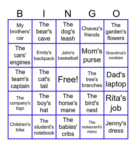 Possessive Nouns Bingo Card