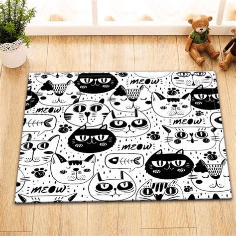 Black White Cat Face Home Floor Carpet Non Skid Door Bath Mat Room