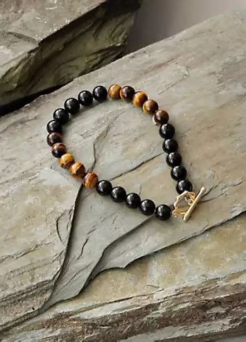 Xander Kostroma Mens Gold Tone Tigers Eye Black Onyx Crystal Bracelet