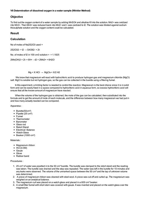 Solution Determination Of Dissolved Oxygen In A Water Sample Winkler