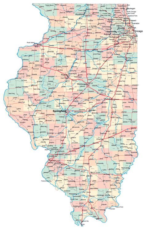 Detailed Administrative Map Of Illinois State With Roads Highways And Cities