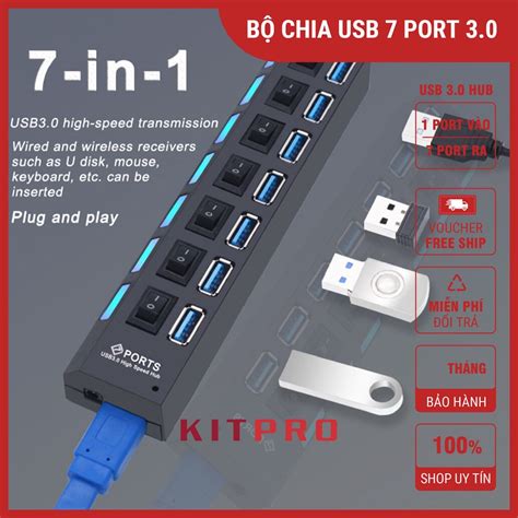 Hub USB 3 0 7 Port Bộ Chia USB Tốc Độ Cao Có Công Tắc Riêng Cho Từng