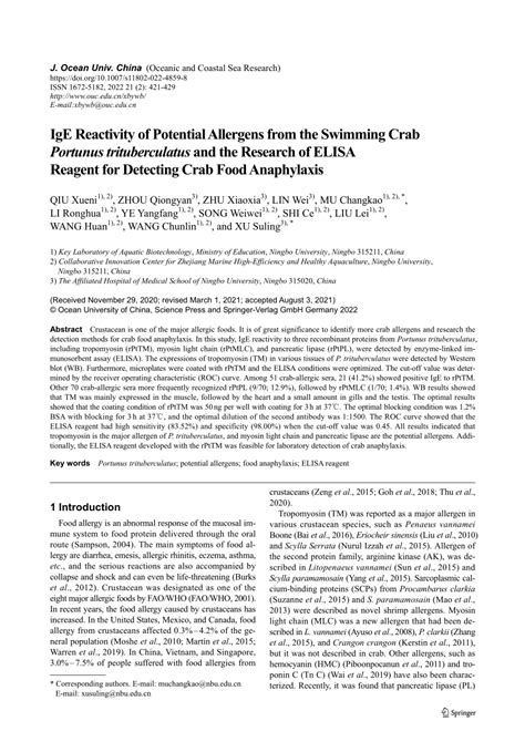 PDF IgE Reactivity Of Potential Allergens From The Swimming Crab