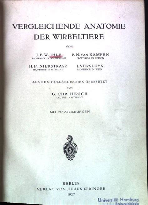 Vergleichende Anatomie Der Wirbeltiere By Hirsch Chr Gut Gebundene