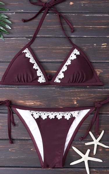 Burgundy Crochet Panel Halter Bikini