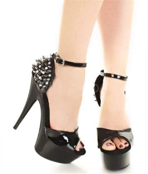 Lib Rock Studded Cone Heel Peep Toe Stilettos Black With Rhinestones