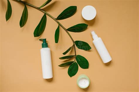 Natural Herbal Creams In Bottles And Jars With Green Leaves On A Beige