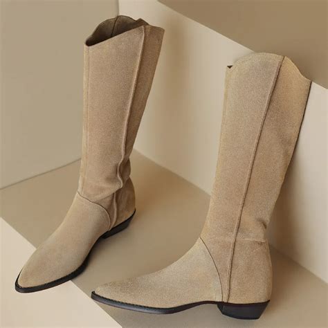 Women S Natural Suede Leather Slip On Flats Autumn Knee High Boots