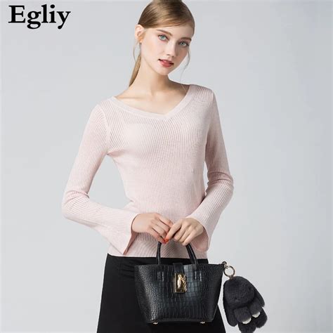 Egliy Soft Thin Knitted Pullover Women V Neck Flare Sleeve Knitwear