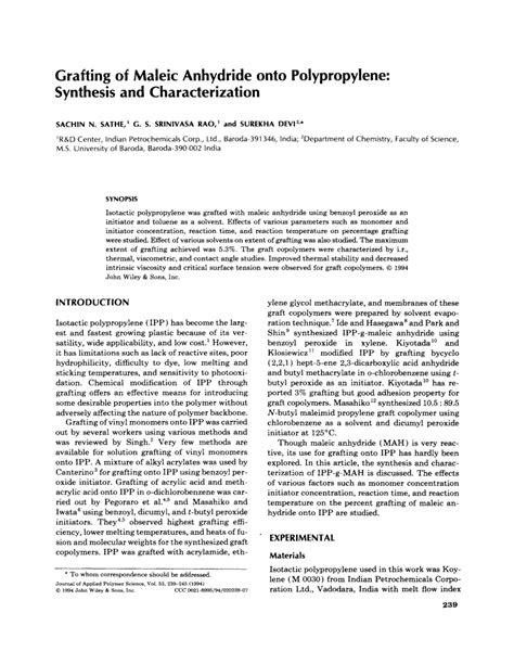 Pdf Grafting Of Maleic Anhydride Onto Polypropylene Synthesis And