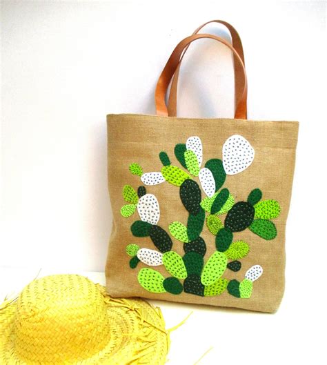 Boho Jute Tote Bag Hand Appliqued Cactus Summer Tote Bag Etsy Jute