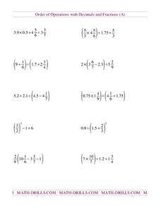 Order of Operations with Decimals and Fractions (A) Worksheet for 5th - 6th Grade | Lesson Planet