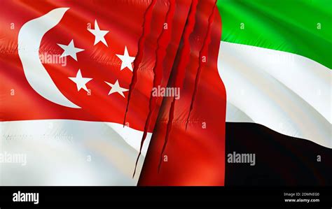 Singapore And United Arab Emirates Flags With Scar Concept Waving Flag