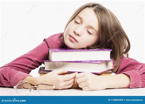 Teen Girl Sleeping On A Stack Of Books Close Up Stock Image Image Of