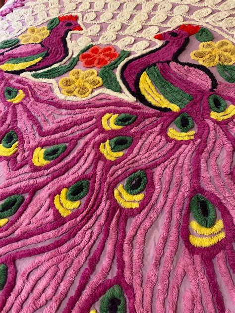 Vintage Mcm Double Peacock Chenille Bedspread Full Size Rare Purple Peacock Chenille Etsy