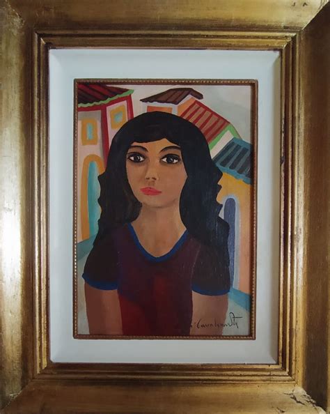 A Painting Of A Woman In A Gold Frame On A White Wall With A Brown Border