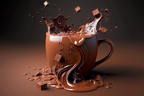 Premium Photo Mug Of Hot Cocoa With Pieces Of Chocolate And Flowing Chocolate Splash