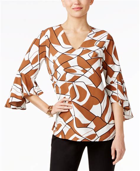 Alfani Woman Printed Ruffle Sleeve Top Sz Bell Sleeve Brown White V