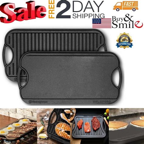 Cast Iron Reversible Grill Griddle Pan Hamburger Steak Stove Top Fry