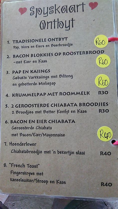 Menu At Die Melkkan Restaurant Welkom Welkom