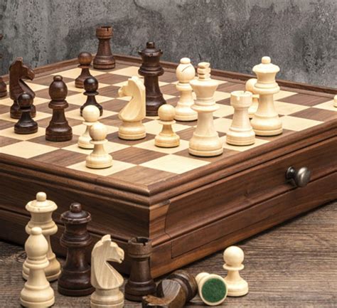 Deluxe Walnut Cm Chess Checker Set Wooden Timber Drawer