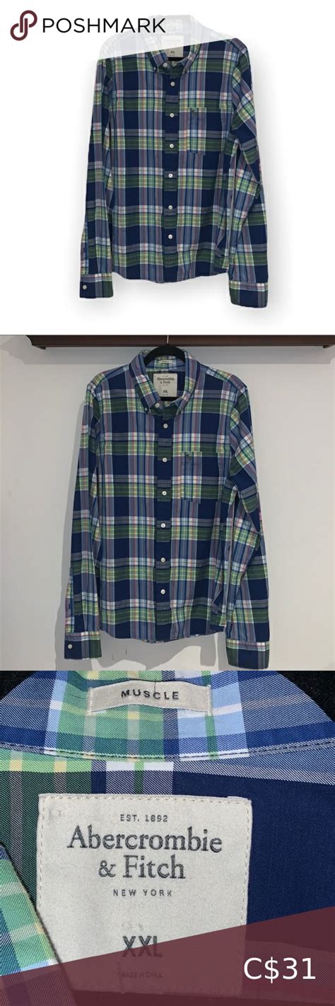 Abercrombie And Fitch Men Muscle Blue Plaid Long Sleeve Button Down Shirt