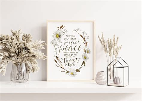 Perfect Peace Scripture Verse Inspirational Watercolor Print Isaiah 26