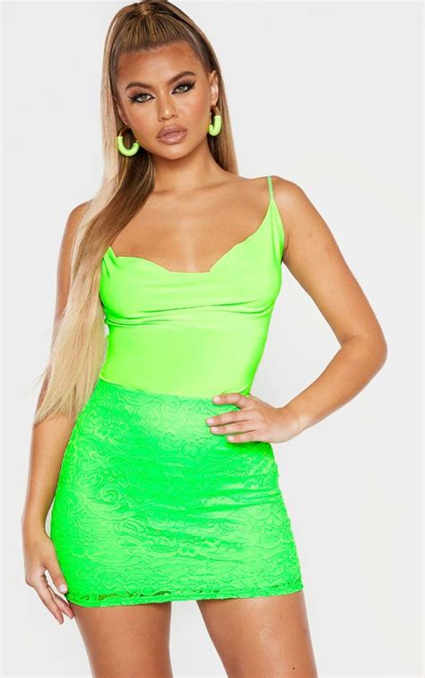 Neon Green Lace Panelled Mini Skirt Mini Skirts Green Lace Lace