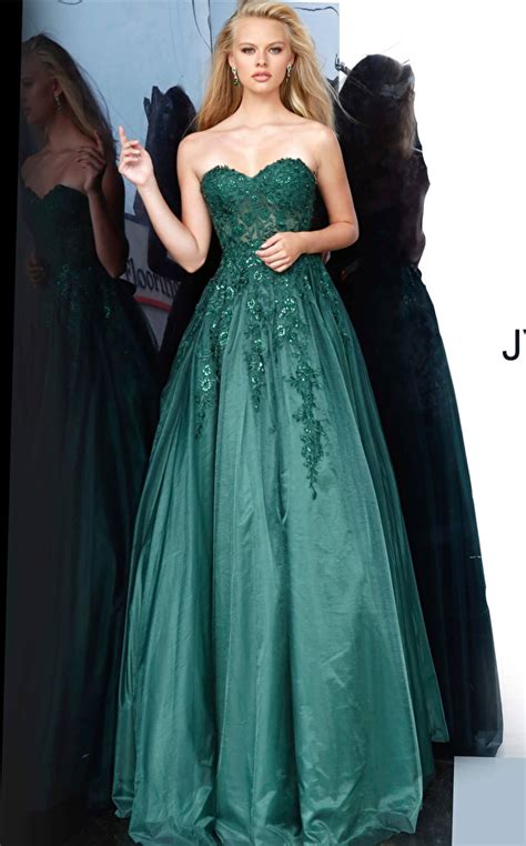 Jvn00915 Dress Jvn Emerald Strapless Embroidered Prom Ballgown