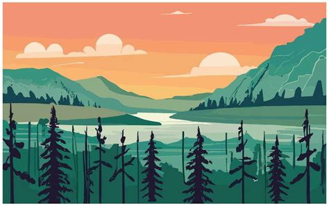 Landscape With Mountains Lake And Forest Vector Illustration In Flat