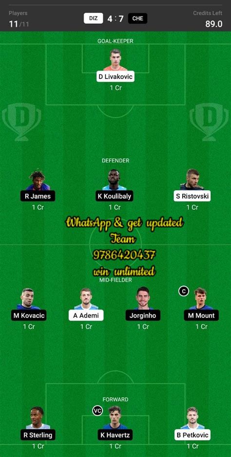 Diz Vs Che Dream Team Fantasy Prediction Uefa Champions League