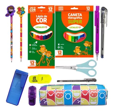 Kit Material Escolar Canetinha Lapis De Cor Estojo Leo