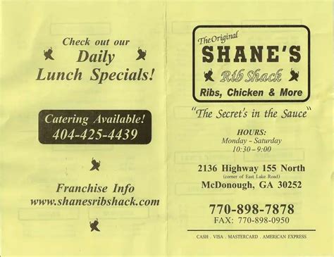 Shanes Rib Shack Menu Menu For Shanes Rib Shack Mcdonough Atlanta