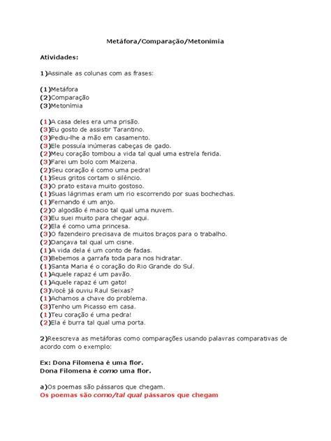 Atividades Sobre Metáfora E Comparação Com Gabarito 5 Ano - Atividades sobre Metáfora e Comparação | PDF | Amor | Metáfora