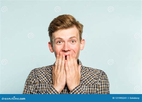 Joyful Excited Happy Man Covering Mouth Emotion Stock Image Image Of