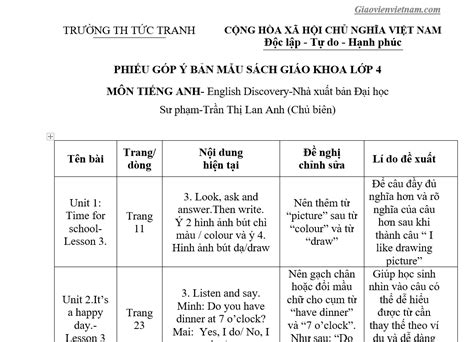 PHIẾU GÓP Ý SGK TIẾNG ANH 4 WORD - Giáo viên Việt Nam