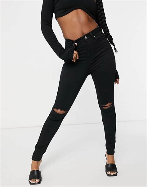 Na Kd Highwaist Skinny Ripped Jean In Black Black Asos